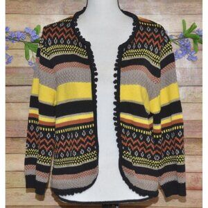 Together Ladies Open Yellow Black Cardigan Sweater Size 10 Striped Granny Core